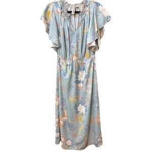 Dolan Midi SZ PM Blue Yellow & Cream Abstract Floral Dress Flutter Sleeve